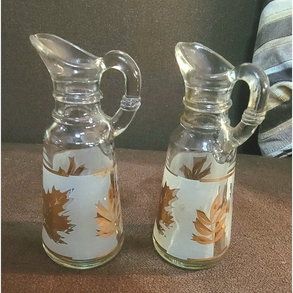 VTG Mid-Centry Frosted Cruet Oil Vinegar Set Gold Leaves Anchor Hocking Starlyte